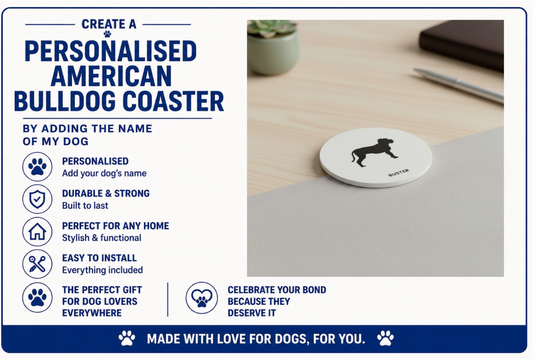 Promotional graphic for a personalised American Bulldog coaster with product features listed.