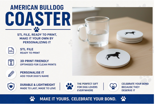 American Bulldog silhouette coaster on wooden table, 3D printable STL file, customisable dog gift