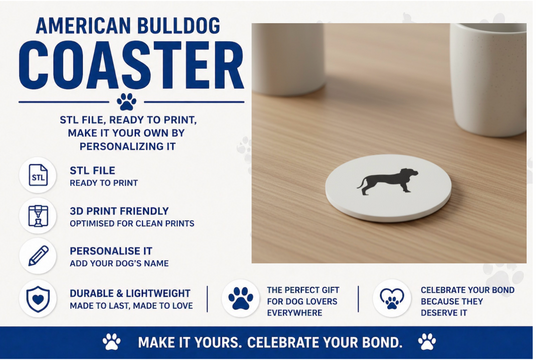 American Bulldog silhouette coaster on wooden table, 3D printable STL file, customisable dog gift