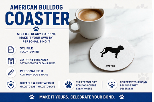 American Bulldog silhouette coaster on wooden table, 3D printable STL file, customisable dog gift