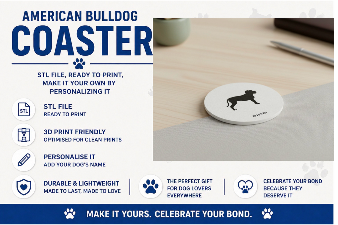American Bulldog silhouette coaster on wooden table, 3D printable STL file, customisable dog gift