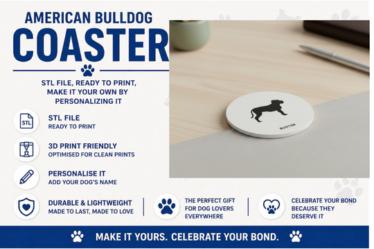 American Bulldog silhouette coaster on wooden table, 3D printable STL file, customisable dog gift