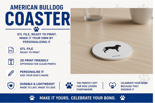 American Bulldog silhouette coaster on wooden table, 3D printable STL file, customisable dog gift