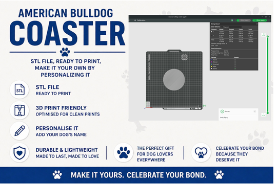 American Bulldog silhouette coaster on wooden table, 3D printable STL file, customisable dog gift