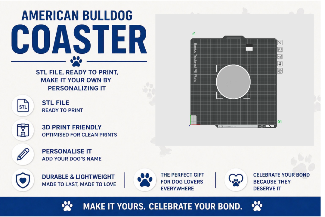 American Bulldog silhouette coaster on wooden table, 3D printable STL file, customisable dog gift