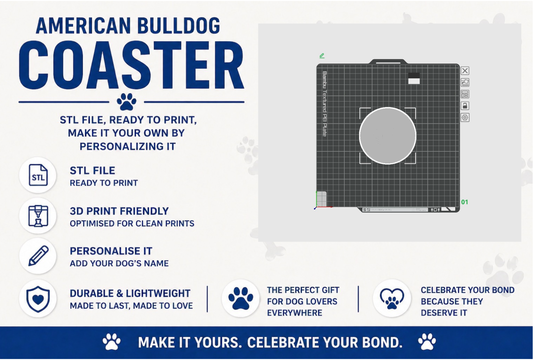 American Bulldog silhouette coaster on wooden table, 3D printable STL file, customisable dog gift