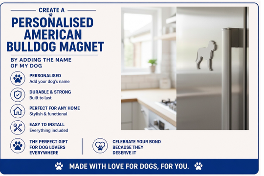 Advertisement for a personalized American Bulldog magnet with a kitchen background.