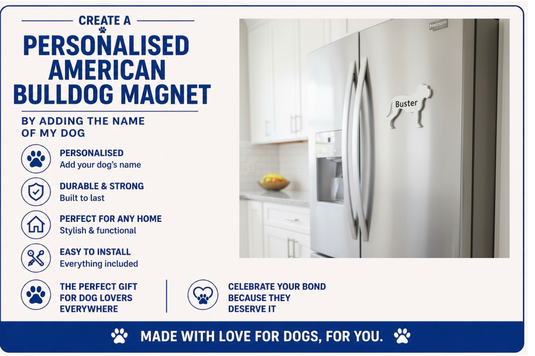 Advertisement for a personalized American Bulldog magnet with a kitchen background.