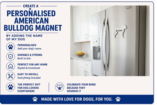 Advertisement for a personalized American Bulldog magnet with a kitchen background.