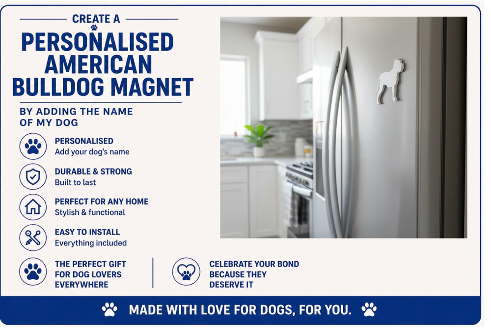 Advertisement for a personalized American Bulldog magnet with a kitchen background.