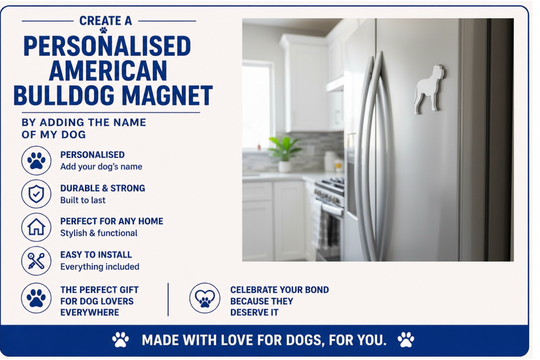 Advertisement for a personalized American Bulldog magnet with a kitchen background.