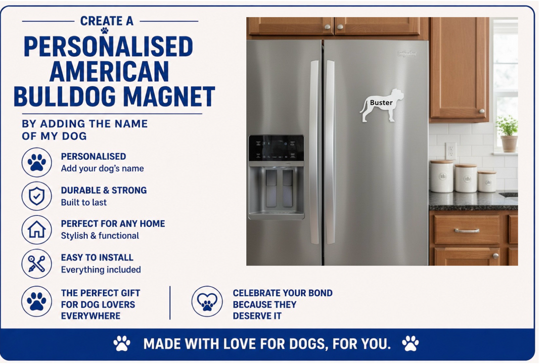 Advertisement for a personalized American Bulldog magnet on a refrigerator with kitchen background.