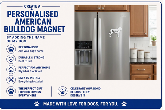 Advertisement for a personalized American Bulldog magnet on a refrigerator with kitchen background.