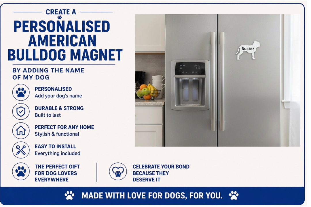 Advertisement for a personalized American Bulldog magnet on a refrigerator.