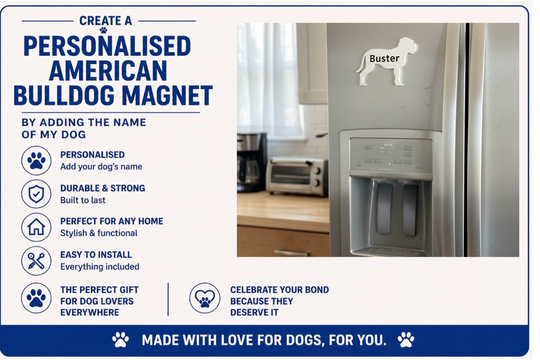 Advertisement for a personalized American Bulldog magnet with a kitchen background.