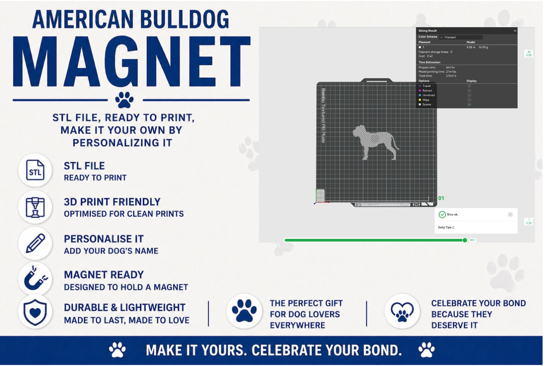 Advertisement for an American Bulldog magnet with product features and usage examples.