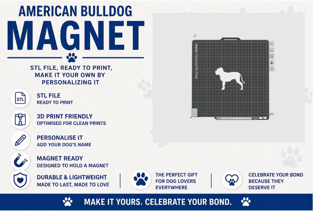 Advertisement for an American Bulldog magnet with product features and usage examples.