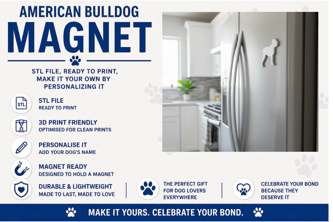 Advertisement for an American Bulldog magnet with product features and usage examples.