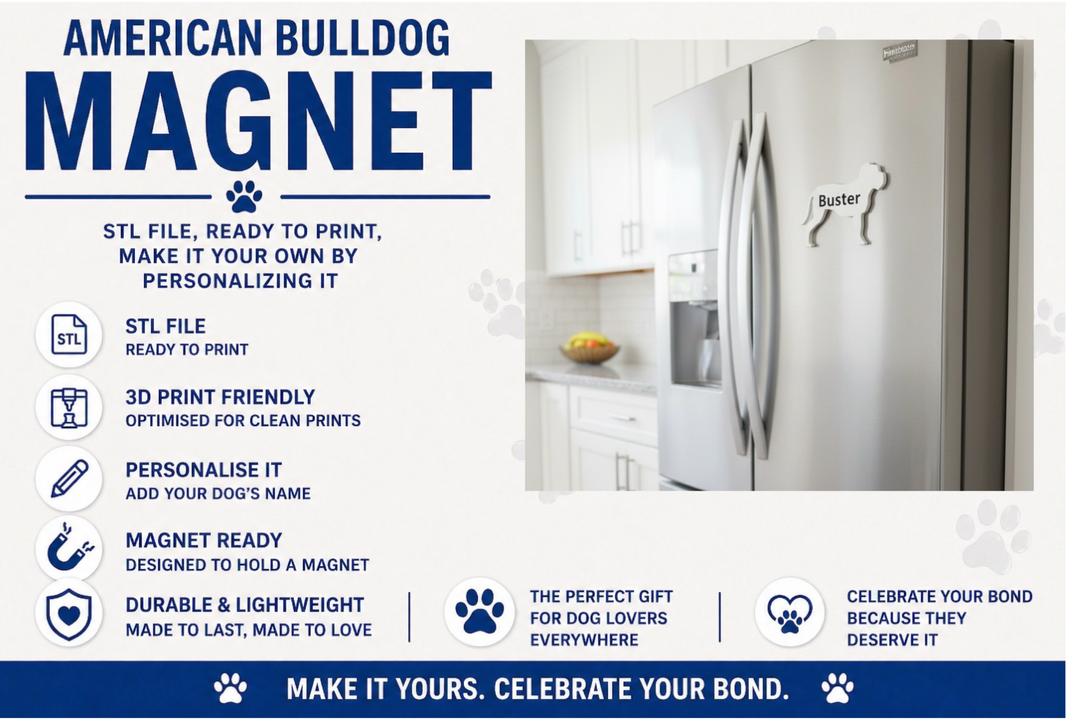 Advertisement for an American Bulldog magnet with product features and usage examples.