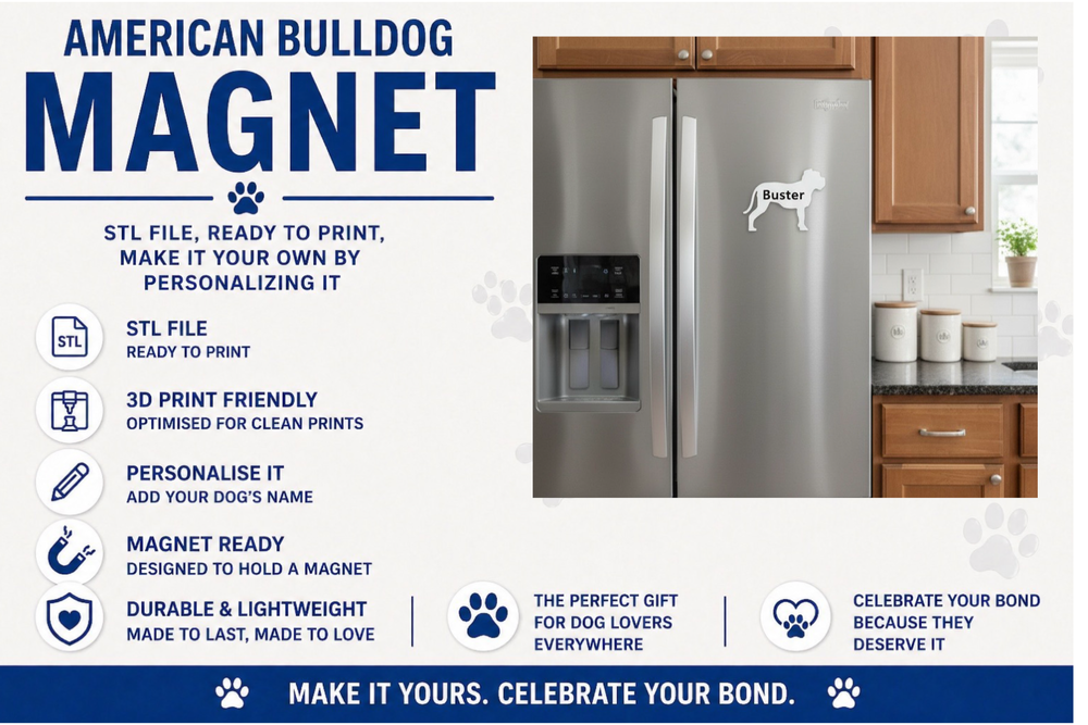 Advertisement for an American Bulldog magnet with product features and usage examples.