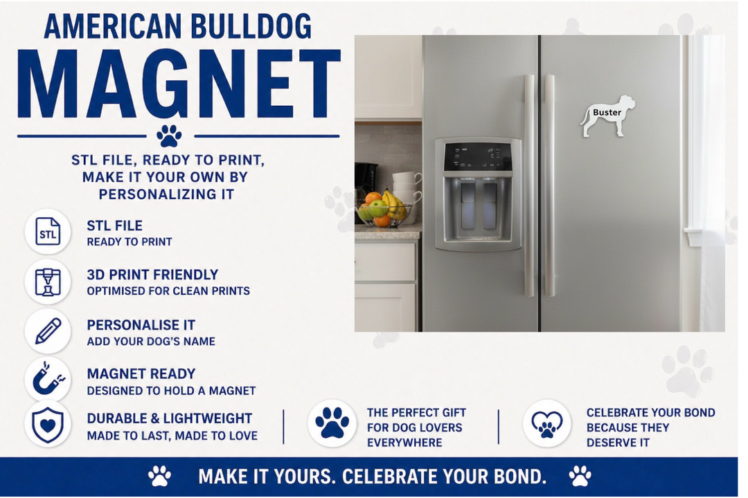 Advertisement for an American Bulldog magnet with product features and usage examples.