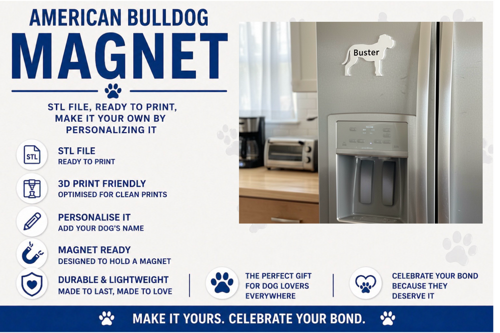 Advertisement for an American Bulldog magnet with product features and usage examples.