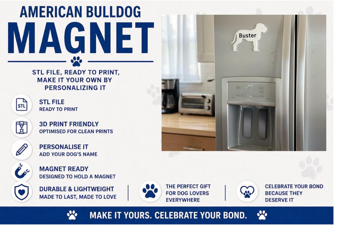 Advertisement for an American Bulldog magnet with product features and usage examples.