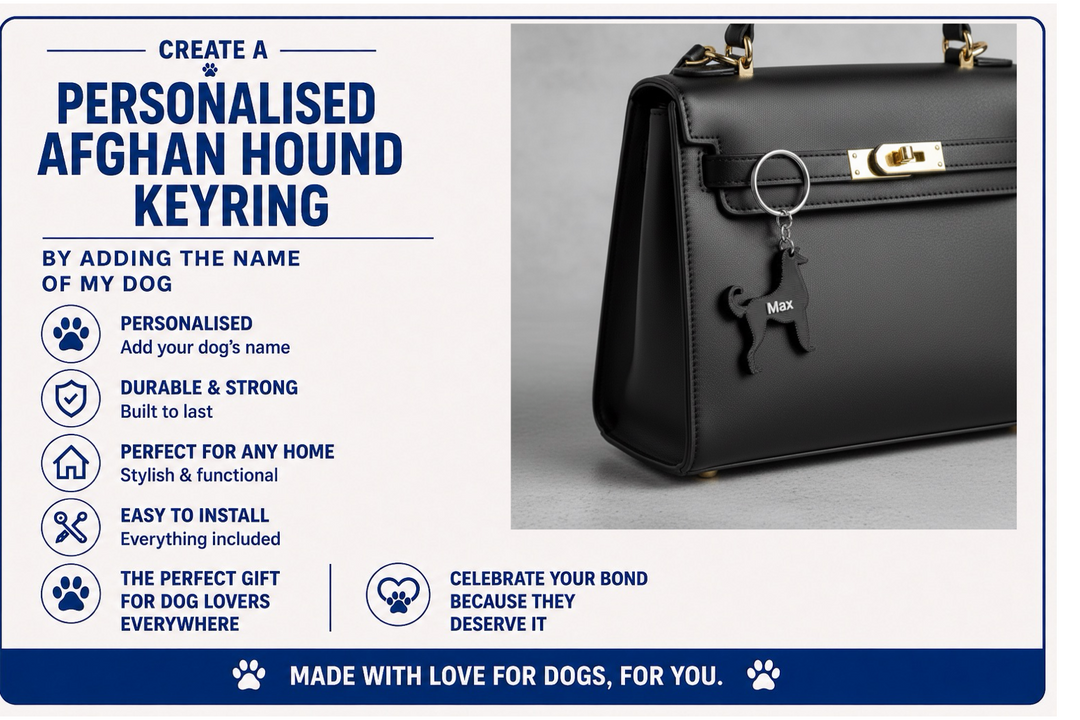 Keyring with dog design and text about creating a personalized Afghan Hound keyring.