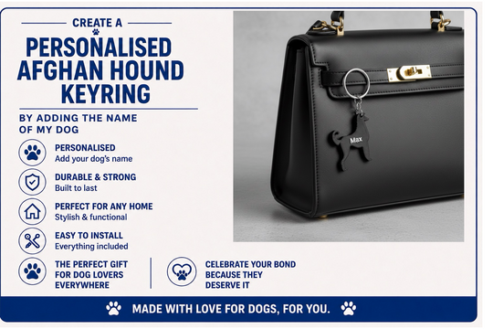 Keyring with dog design and text about creating a personalized Afghan Hound keyring.