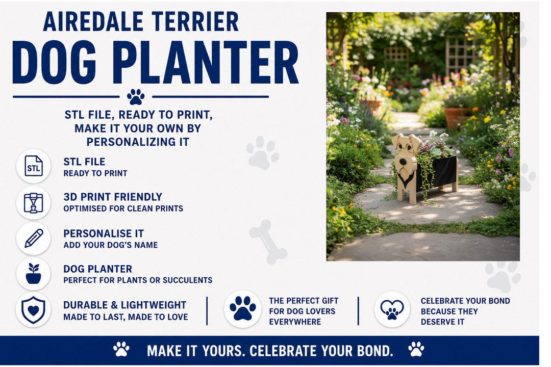 Airedale Terrier dog planter product description with a photo of a garden setting.