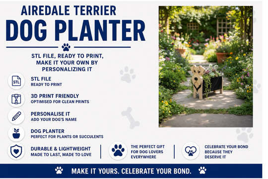 Airedale Terrier dog planter product description with a photo of a garden setting.