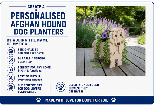 Personalised Afghan Hound dog planters with text on creating a personalized planter and product details.
