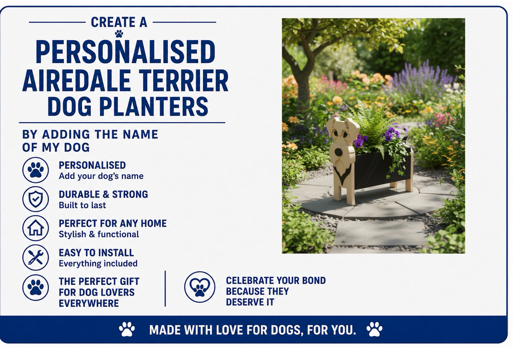 Advertisement for a personalized Airedale Terrier dog planter with garden scene and product image.