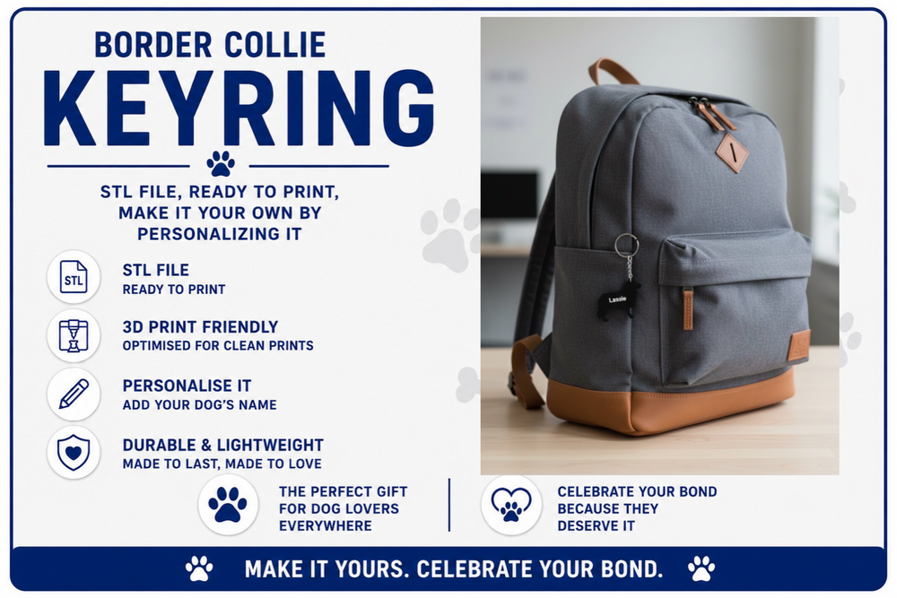 Gray backpack with brown accents on a white background, featuring text about a Border Collie keyring design.