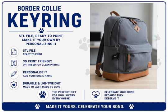 Gray backpack with brown accents on a white background, featuring text about a Border Collie keyring design.