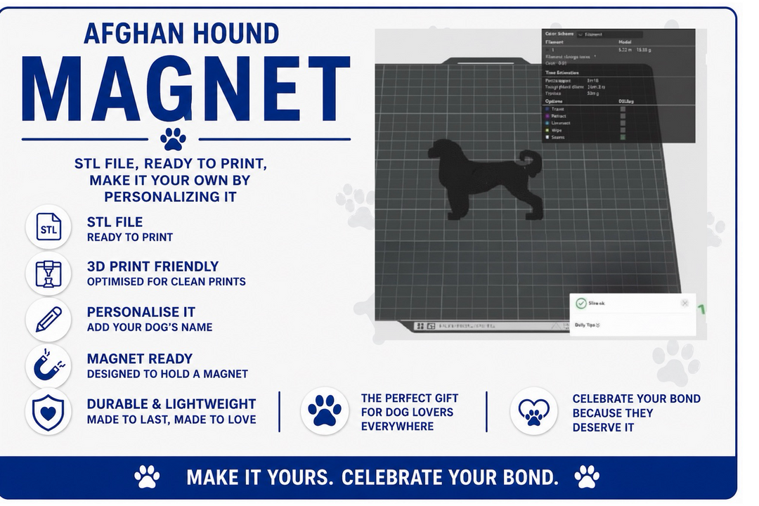 Afghan Hound magnet design with text and silhouette on a white background