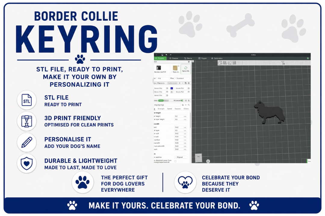 Advertisement for a Border Collie keyring with digital design software interface.