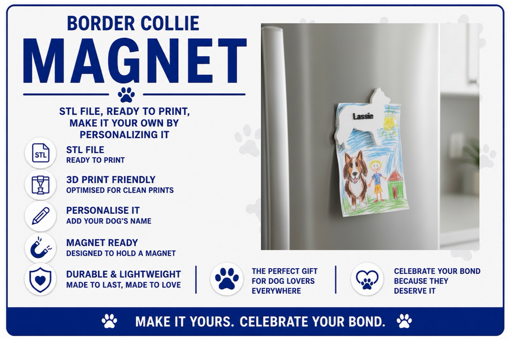 Advertisement for a Border Collie magnet with product details on a white background