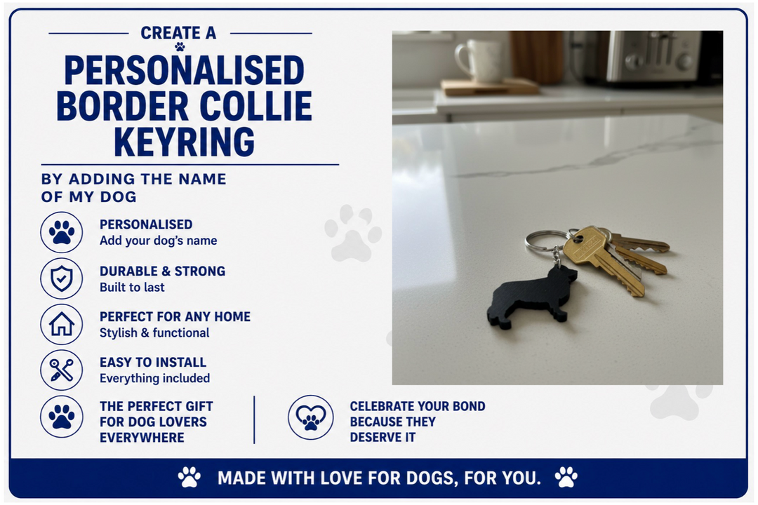 Advertisement for a personalized Border Collie keyring with text and a keyring displayed on a kitchen counter.