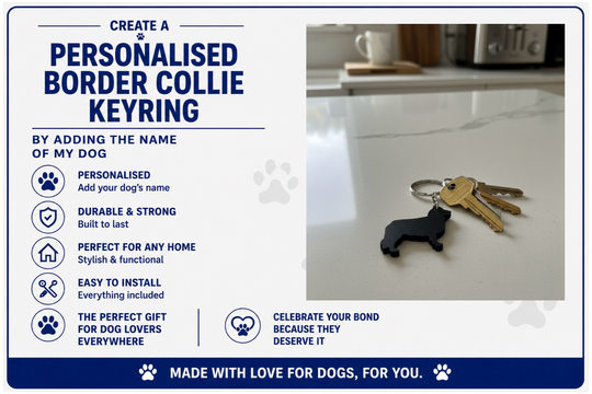 Advertisement for a personalized Border Collie keyring with text and a keyring displayed on a kitchen counter.
