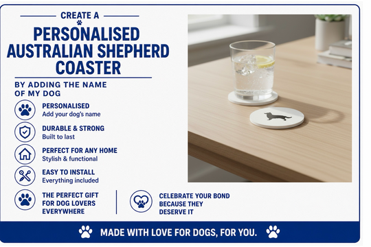 Advertisement for a personalised Australian Shepherd coaster with product features listed.