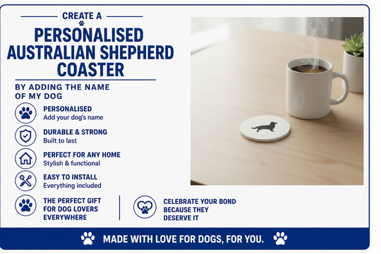 Advertisement for a personalised Australian Shepherd coaster with a glass of iced tea on a coaster.