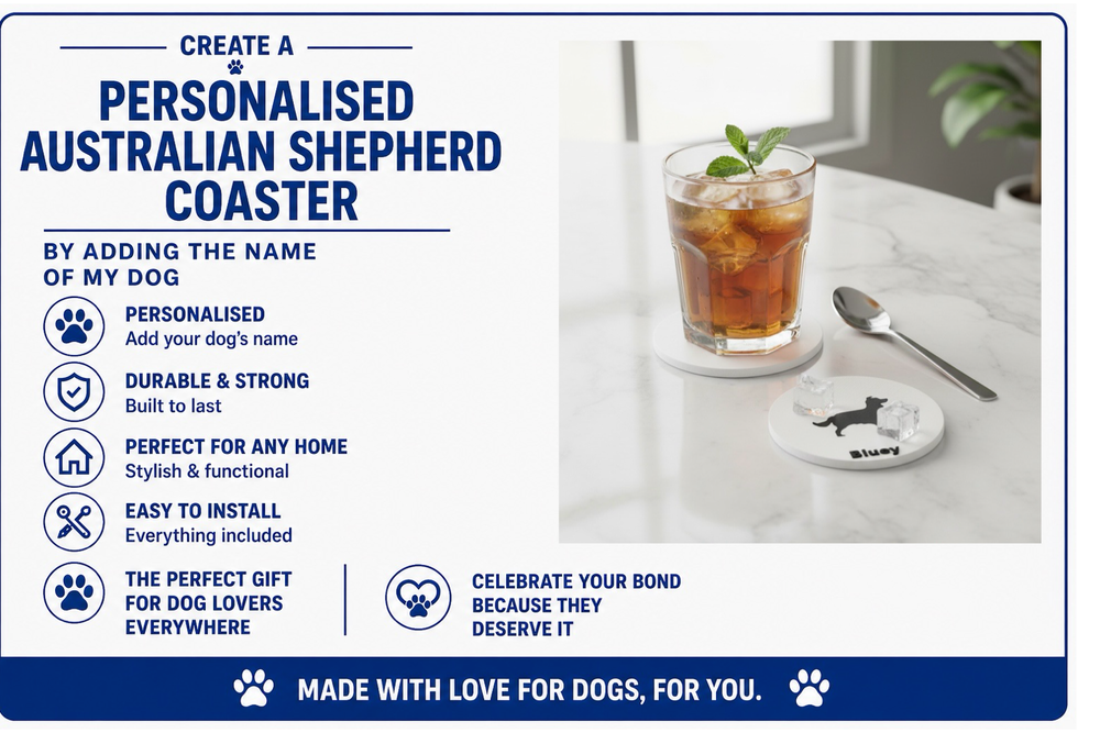 Advertisement for a personalised Australian Shepherd coaster with a glass of iced tea on a coaster.