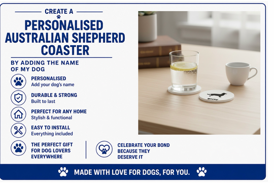 Advertisement for a personalised Australian Shepherd coaster with product features and a sample coaster on a table.