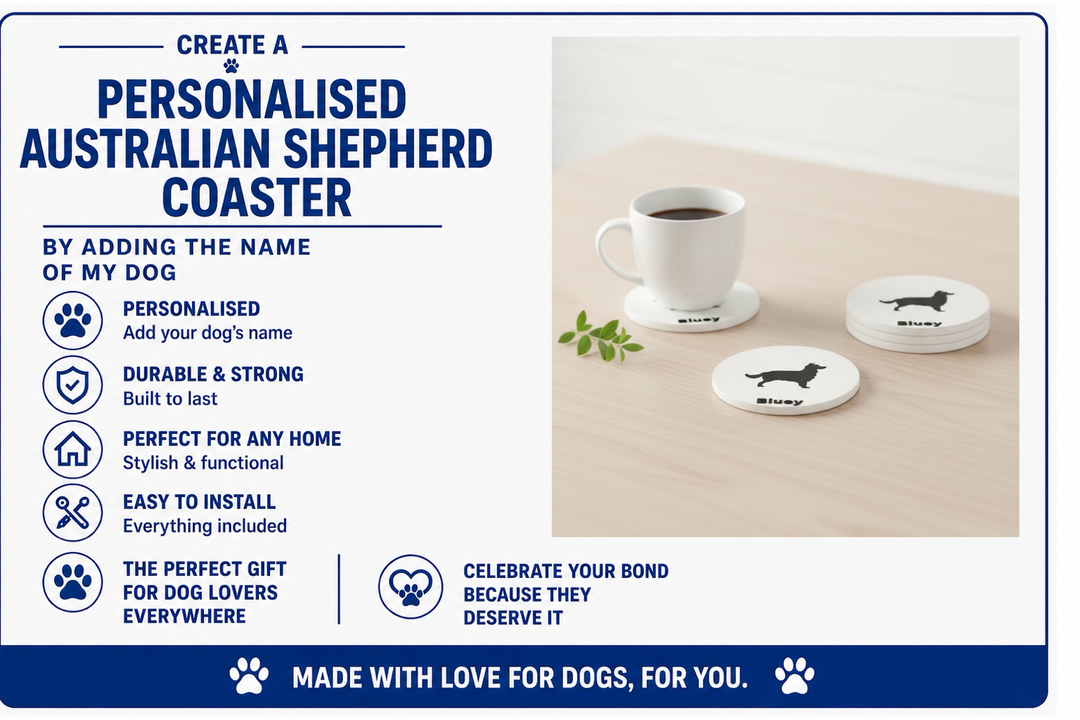 Personalised Australian Shepherd coasters with a cup of coffee on a wooden surface.
