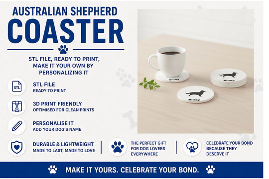 Coaster with dog design on a table with a drink, promotional text for Australian Shepherd coaster.