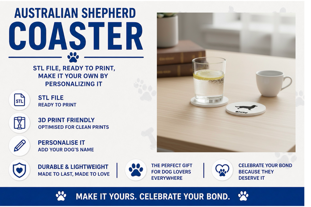 Coaster with dog design on a table with a drink, promotional text for Australian Shepherd coaster.