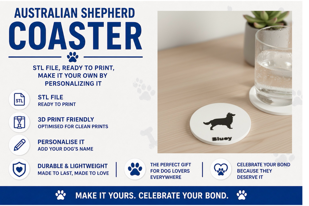Coaster with dog design on a table with a drink, promotional text for Australian Shepherd coaster.