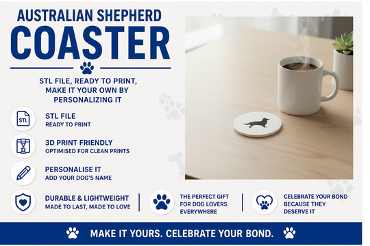 Coaster with dog design on a table with a drink, promotional text for Australian Shepherd coaster.