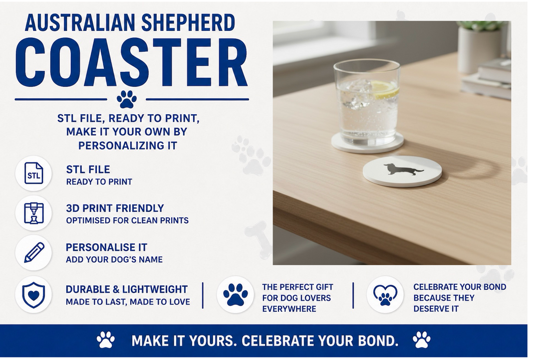 Coaster with dog design on a table with a drink, promotional text for Australian Shepherd coaster.